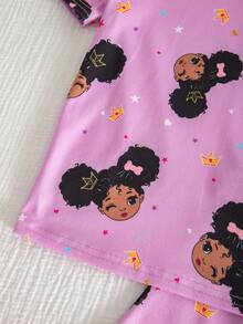 SHEIN Set de camiseta de cuello redondo y pantalones cortos ajustados de unicolor con diseño lindo de niña, conjunto de ropa de estar en casa para niña joven - Multicolor - Ver 5