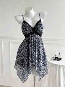 Sweetra Plus Size Leopard Print Lace Trim Asymmetric Hem Women Tank Top - Multicolor - View 3