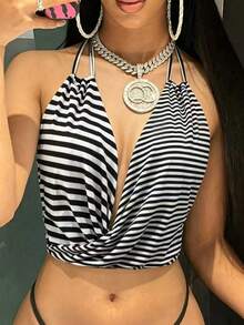 BamGleam Striped Spaghetti Strap Camisole Tank Top, Twisted Knot Design Cropped Top - Black and White - View 5