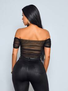 SOLERSUN Women's Spring/Summer Elegant Sexy Off-Shoulder V-Neck Mesh Pleated Bodysuit Black Club Night Out - Camel - View 3