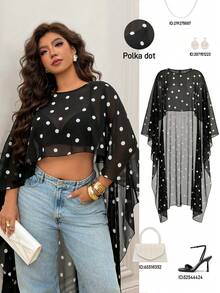 Femmeverse New Elegant Fashionable Black Chiffon Polka Dot Blouse, Casual Versatile, Suitable For Vacation And All Seasons Summer Holiday Wear Fall - Black and White - View 1