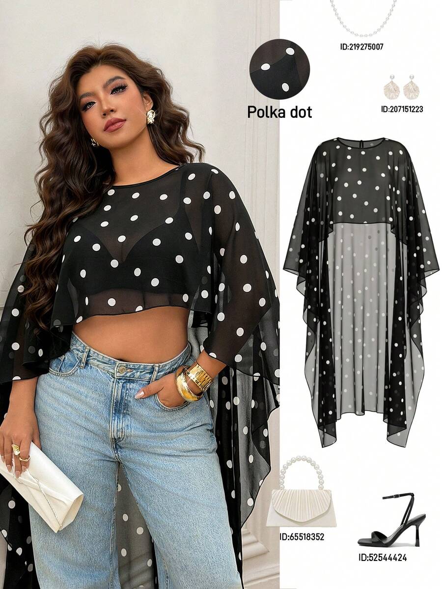 Femmeverse New Elegant Fashionable Black Chiffon Polka Dot Blouse, Casual Versatile, Suitable For Vacation And All Seasons Summer Holiday Wear Fall - Black and White - View 1