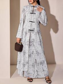 Veilorie Women's Vacation Frog Button Long Sleeve Robe & Long Skirt Arabic Costume Set - Black and White - View 7