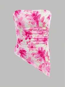 Girlism Conjunto de 2 peças para meninas pré-adolescentes: Top tomara que caia com estampa floral e franzido, bainha assimétrica; e Saia branca fofa com camadas - Rosa chiclete - Visão 10