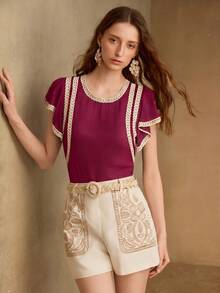 MOTF PREMIUM WOMEN'S SPRING/SUMMER CONTRAST TAPE RUFFLE SLEEVE BLOUSE - Burgundy - View 6