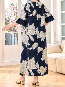 Lacomfia Women's Round Neck 3/4 Sleeve Chiffon Pom Pom Cutout Patchwork Faux Linen Comfortable Fashion Print Loose Casual Long Dress - Multicolor - View 2