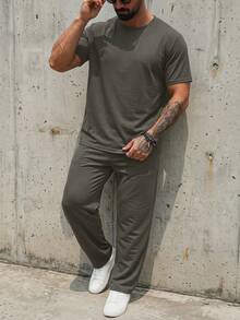 DAZY Summer Short Sleeve T-Shirt And Long Pants Set, Dark Grey, Plus Size For Men - Dark Grey - View 5