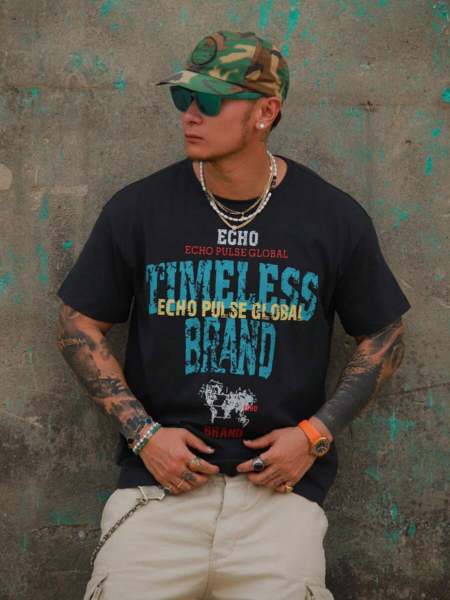 DAZY Men's Round Neck Letter Print Casual Versatile Daily Wear Short Sleeve T-Shirt - Dark Grey - View 1