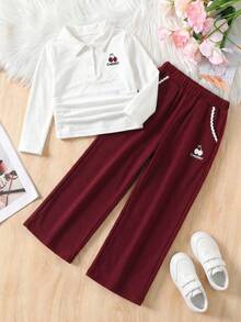SHEIN 2pcs/Set Girls' Casual Versatile Solid Color Knit Long Sleeve Polo T-Shirt Set With Cherry Pattern, Suitable For Fall And Winter - White - View 5