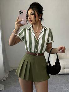 Franclia 女款條紋撞色短袖上衣與短褲休閒日常兩件套 - 軍綠色 - 查看 5