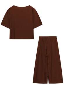 EMERY ROSE Conjunto Casual De 2 Piezas De Verano Para Mujer, Sudadera Con Cuello Redondo Y Mangas Murciélago Y Pantalón Con Cintura Elástica Y Pierna Ancha unicolor - Marrón - Ver 2