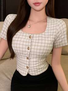 DAZY 宴会返校节格子方领短袖女式衬衫简约时尚休闲日常款，露脐上衣女式可爱上衣 - 杏色 - 查看 5