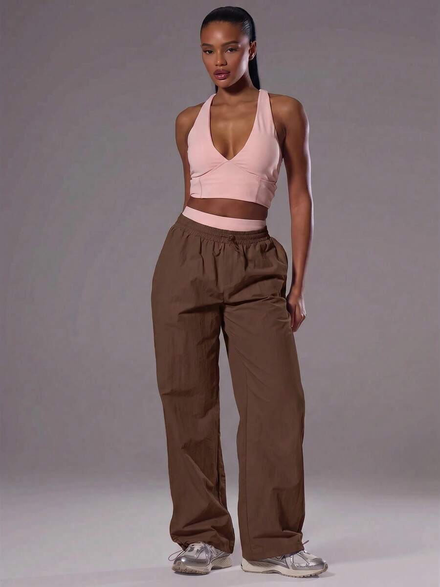 Musera Sport Adjustable Toggle Light Weight Active Shell Pants Workout Gym Sports Pilates Fitness Daily Casual Hibiscus - Chocolate Brown - View 1