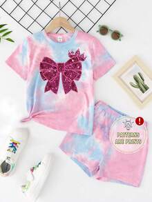 (Random 6 Sets,Send 2 Set)Summer Girls' Creative Personality Tie Dyeing Flower Shining Bow Pattern Printed Basic Short T+Shorts Set - Multicolor - View 6
