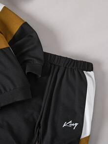 SHEIN Sudadera y pantalón deportivo para joven con gráfico de letras y bloques de color - Multicolor - Ver 5