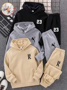 SHEIN 3件組兒童青少年男孩休閒百搭款黑色灰色卡其色多色連帽套頭衛衣，適合通勤、上學、日常休閒外出、運動，秋冬穿著 - 彩色 - 查看 1