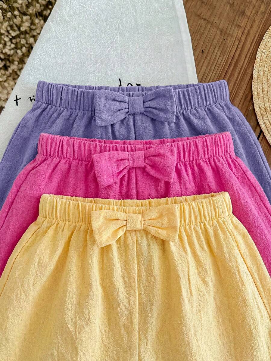 SHEIN LMoss Kids LMoss Young Girl's 3pcs Casual Summer Set: Woven Soft Dual-Layered Gauze Ruffle Shorts With Elastic Waist, Solid Color, Versatile And Breezy - Multicolor - View 1