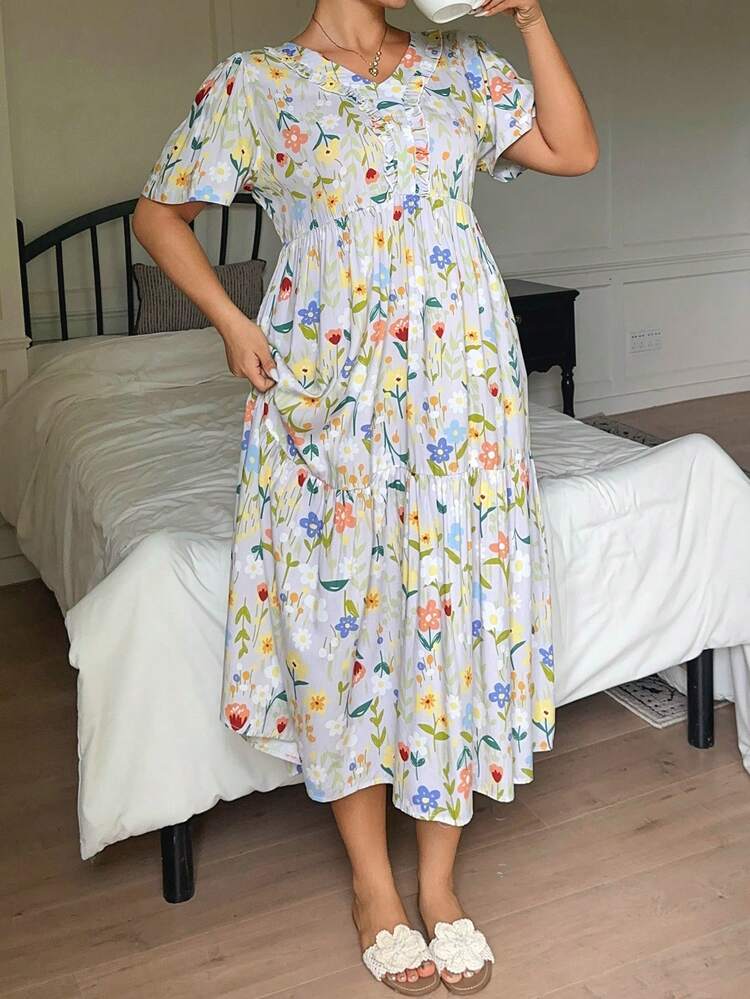 Dazy Plus Floral Print Round Neck Loose Long Casual Nightgown For Girls
