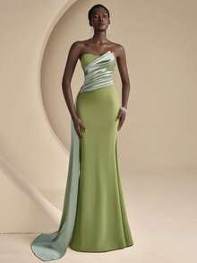 Coutiva Color Block Patchwork Strapless Mermaid Bridesmaid Dress - Matcha green - View 3