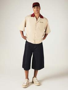 SUMWON Club Bowling Shirt With Contrast Color Block Yoke Short Sleeve Camp Collar Button Up Regular Fit - Khaki - View 3
