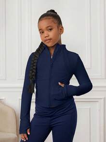 SHEIN Tween Girl Tween Girl Spring Summer Autumn Winter All Season Sports Sun Protection Jacket Zipper Cardigan Tight Running Gym Yoga Slim Fit Sports Jacket - Navy Blue - View 4