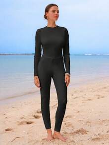 Swim Shayni Summer High-End Elegant Solid Color Gradient Beach Dress Design Hot-Selling Burkini Swimsuit - Black - View 3