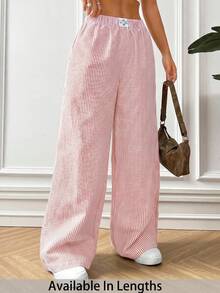 SHEIN PETITE CURVE 大尺碼女款條紋牛仔寬鬆休閒梭織長褲 - 粉色 - 查看 1