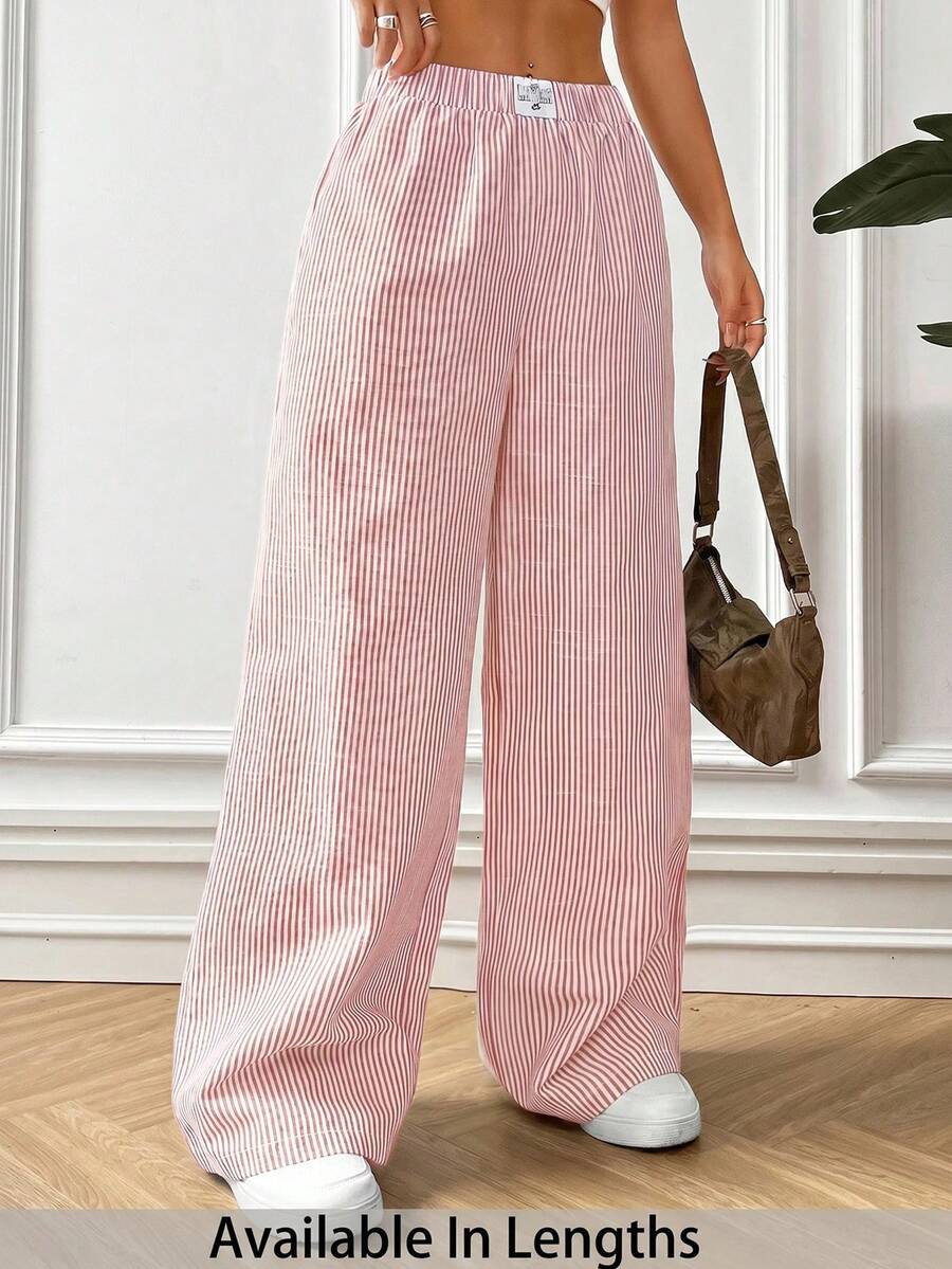 SHEIN PETITE CURVE 大尺碼女款條紋牛仔寬鬆休閒梭織長褲 - 粉色 - 查看 1