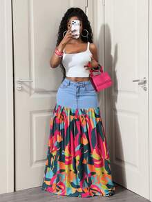 Slaydiva Women's Printed Patchwork Extra Long Denim Skirt - Blue - View 6