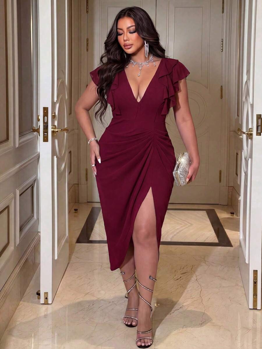 NU&NOW Gaun Pesta Musim Panas Elegan Burgundy untuk Wanita Ukuran Plus, Gaun Midi Ramping dengan Leher V, Lengan Berkerut, Tali Serut, dan Belahan Samping, Cocok untuk Acara Malam Hari - Burgundy - View 1
