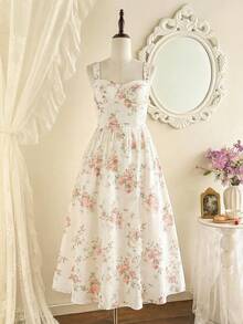 SHEIN Tween Girls'Elegant Floral Print Spaghetti Strap Ruffle Hem A-Line Maxi Dress,Bohemian Style White And Pink,Summer,Modest,Picnic Beach Vacation Dress - White - View 4