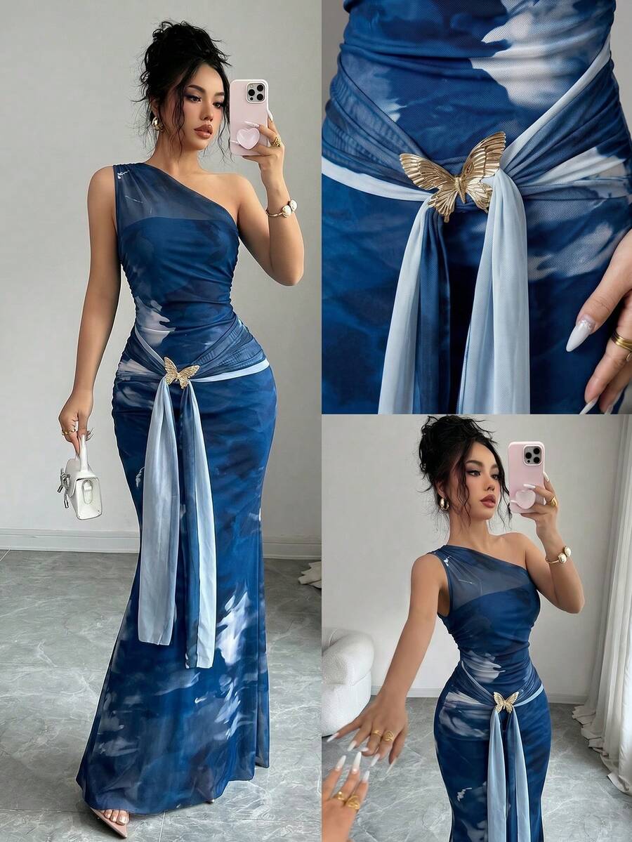 Elenzga 女款春夏浪漫度假風綠色網紗數位印花不對稱肩無袖貼身緊身洋裝,飾金屬蝴蝶裝飾 - 藍白色 - 查看 1