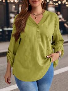 EMERY ROSE Plus Size Solid Color Notched Neck Roll Up Sleeve Casual Blouse ,Winter Clothes Fall - Green - View 5