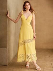 MOTF PREMIUM WOMEN'S CONTRAST LACE SPAGHETTI STRAP DRESS - Yellow - View 1
