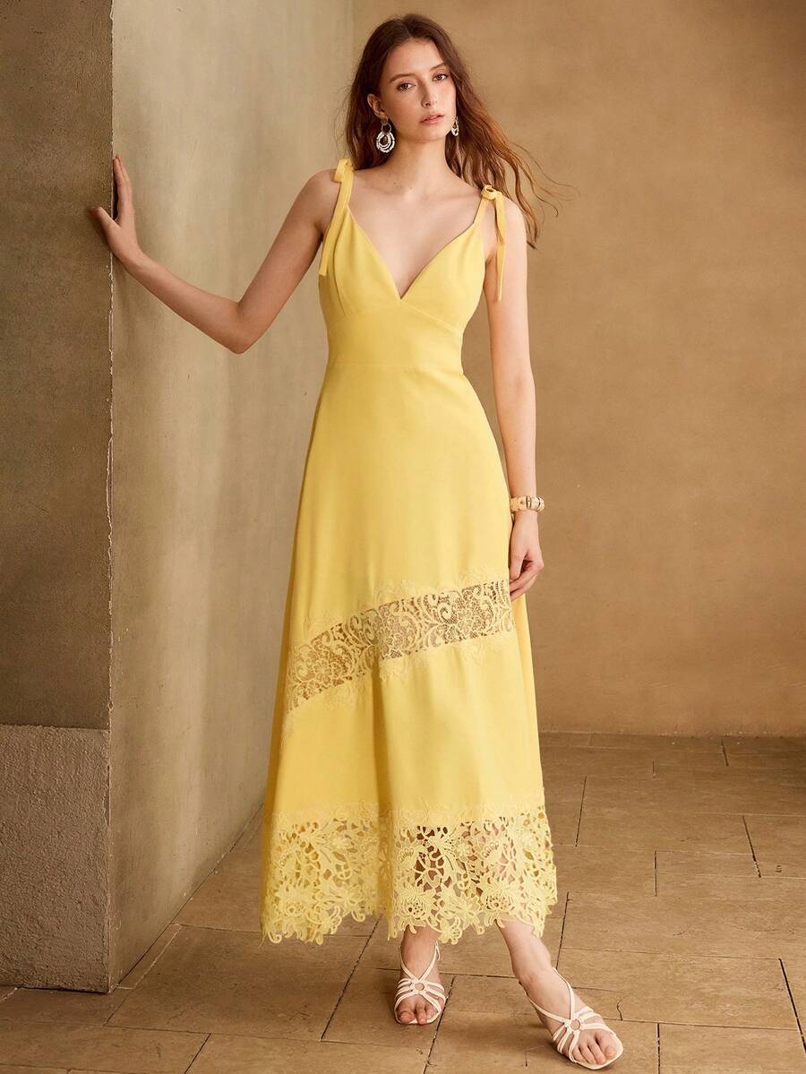 MOTF PREMIUM WOMEN'S CONTRAST LACE SPAGHETTI STRAP DRESS - Yellow - View 1