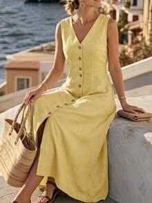Selamara Women's Solid Color V-Neck Single-Breasted Casual Party Dress - Yellow - View 4