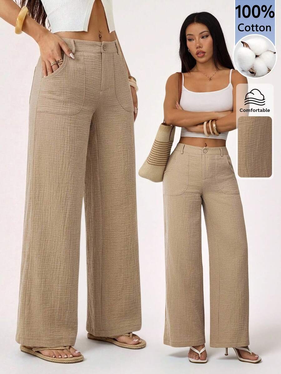 SHEIN PETITE 100% Washed Cotton Low Waist Straight Pants ,Petite Women - Khaki - View 1
