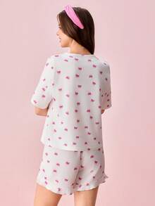 Bonmuse 两件套女士休闲睡衣套装，可爱蝴蝶结印花上衣，轻盈透气家居服套装，夏季 - 白色 - 查看 2