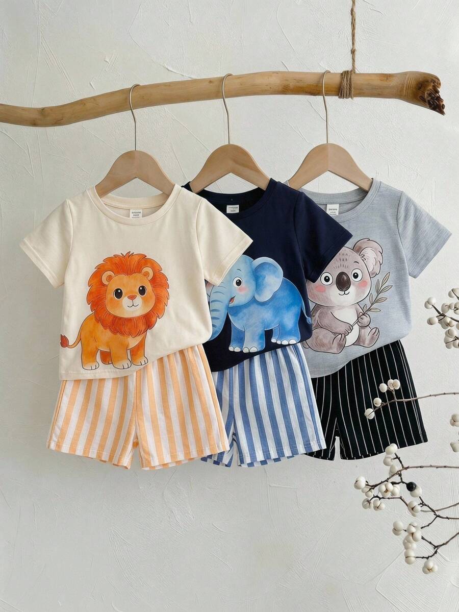 SHEIN 6件套男女宝宝/男宝宝/女宝宝可爱动物印花短袖T恤短裤套装,男宝宝套装,男宝宝夏季服装 - 藏蓝色 - 查看 1