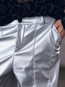 Skyrend Men's PU Leather Pocket Loose Fit Wide Leg Pants Silver Pants Flare Pants Metallic Pants Reflective Pants Rave Pantsemo Grunge - Silver - View 6