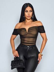 SOLERSUN Women's Spring/Summer Elegant Sexy Off-Shoulder V-Neck Mesh Pleated Bodysuit Black Club Night Out - Camel - View 6