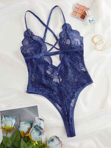 SHEIN 花卉蕾丝交叉系带露背泰迪紧身衣内衣 - 藏蓝色 - 查看 10