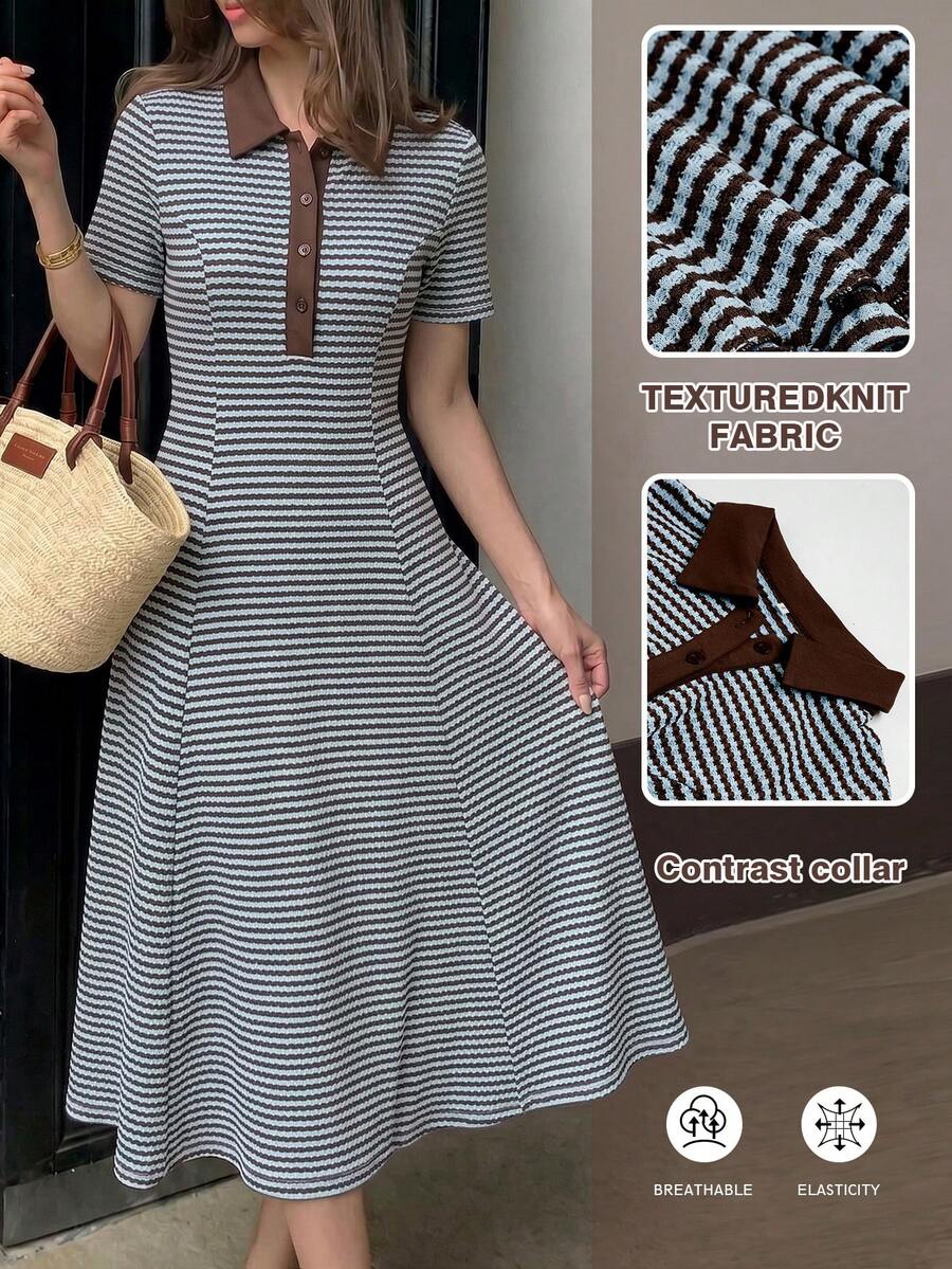Modelyn 女款春夏針織紋理條紋拼接棕色立領短袖收腰A字優雅浪漫中長洋裝