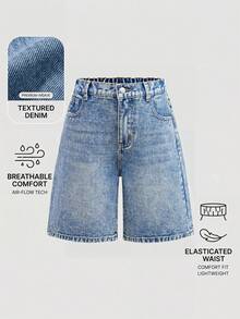 SHEIN Quần short Bermuda cạp cao dáng rộng, màu xanh nhạt cho bé gái tuổi mới lớn, quần short tốt nghiệp, tiệc trưa mùa hè cho bé gái, kỳ nghỉ ở bãi biển. Quần short jean rộng thùng thình, quần short denim, quần jocksock, quần short rộng thùng thình - Rửa trung bình - Xem 3