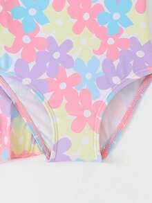 Set Baju Renang Terusan Bayi Perempuan Motif Bunga untuk Liburan, Termasuk Atasan Penutup dengan Tali Pengikat - MultiWarna - View 3