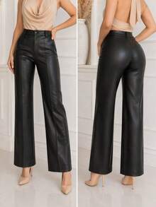 Wide Leg Vinyl Pants - Black - View 2