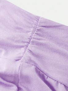 SHEIN Girlism 青少年女孩休閒日常修身淺藍色抓皺圓領上衣與腰部抓皺喇叭褲套裝 - 紫色 - 查看 3