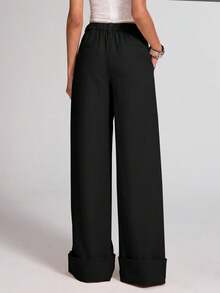 SHEIN PETITE CURVE Plus Size Versatile Solid Color Wide Leg Pants, Suitable For Commuting - Black - View 2