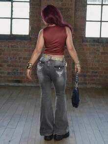 ROMWE X Magda Mysz Grunge Punk Punk Chic Vintage Pattern Embroidered Slim Fit Low Waist Flare Leg Jeans For Women - Light Grey - View 1