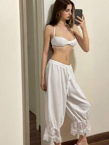 Sweetina Women Summer Hawaii Beach Vacation Going Out Bloomers White Linen Pants Romantic - White - View 3